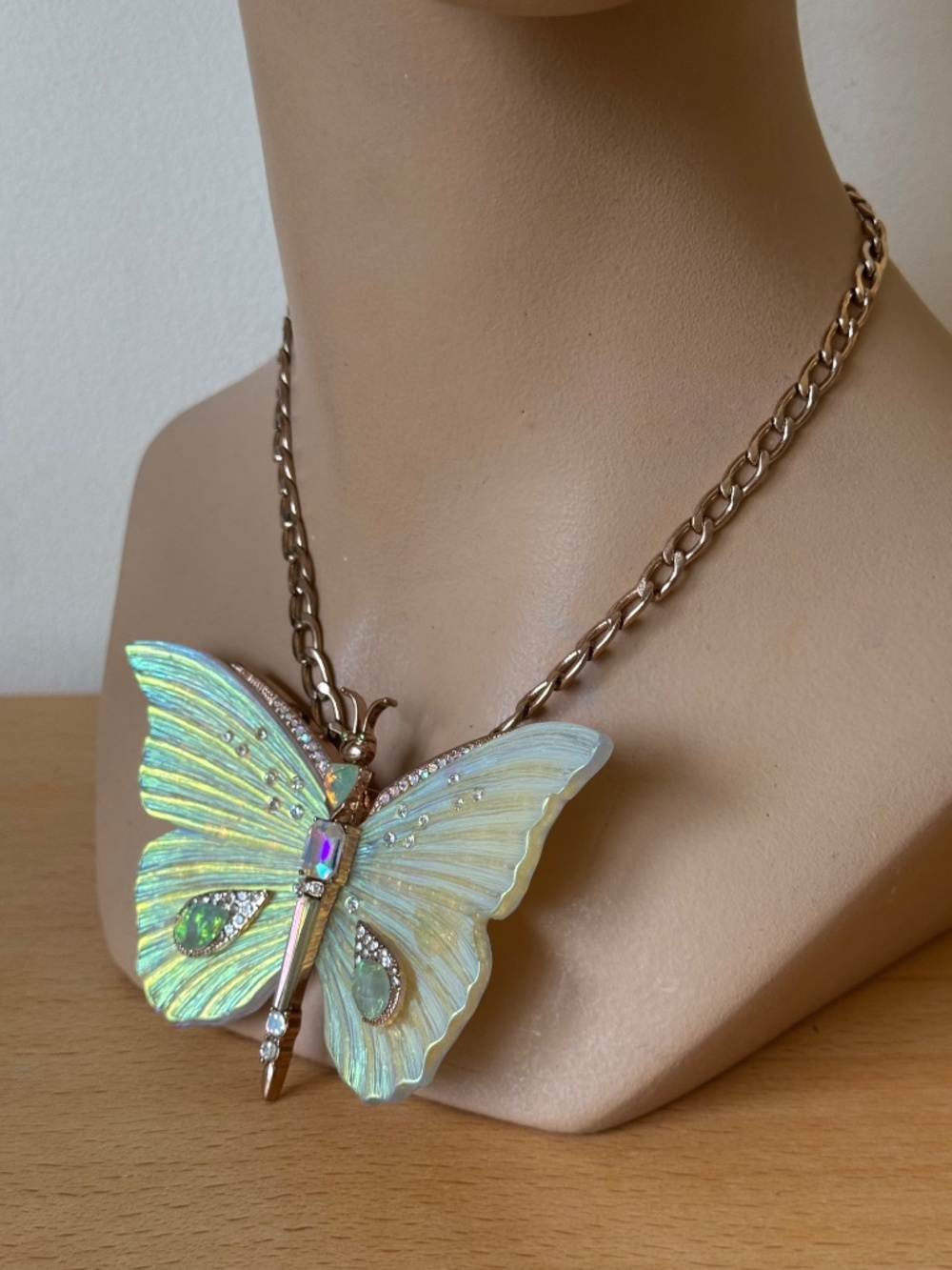 Betsey Johnson Large Iridescent Butterfly Statement Necklace Rhinestone Enamel